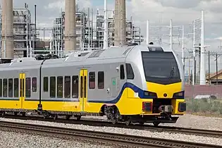 A Stadler FLIRT DMU, painted in DART Silver Line colors at rest on the Salt Lake Garfield & Western Railway.