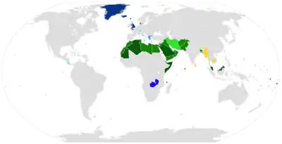 Nations with Christianity as their state religion are in blue.