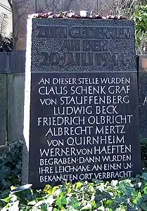 Memorial at the cemetery (Alter St.-Matthäus-Kirchhof, Berlin) where the corpses were buried but afterwards removed to an unknown place