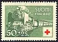 A 1944 Postage stamp depicting a Finnish train with a steam locomotive; the nickname of this heavy locomotive was "Ukko-Pekka"