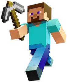 Artwork of Steve running and holding a pickaxe.