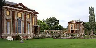 Stoke Park pavilions from the garden Stoke Bruerne looking northwest in 2008