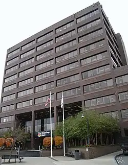 A brown 10 story office building, headquarters building of Stop & Shop supermarket/store chain in Quincy Center