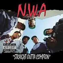 The members of N.W.A look down to the camera and Eazy-E points a gun to it