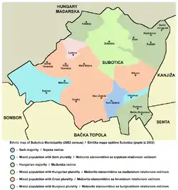 Ethnic map of the Subotica municipality showing the location of settlements with Hungarian majority