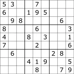 A typical Sudoku puzzle, with nine rows and nine columns that intersect at square spaces. Some of the cells are filled with a number; others are blank cells to be solved.