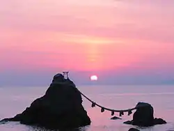 The pair of Meoto Iwa rocks off the coast of Ise city, Mie prefecture during sunrise