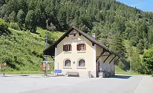 Two-story building with gabled roof