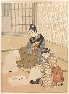 Colour print of two finely dressed Japanese women by a heater. The wallpaper and other items are extensively embossed.