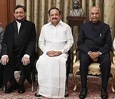 Chief Justice Bobde (left), Vice President Venkaiah Naidu (Center) and President Kovind (right) at the swearing-in ceremony of Sharad Arvind Bobde