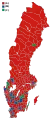 Votes by municipality. The municipalities are the color of the party that got the most votes within the coalition that won relative majority.