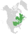 Map of North America with green shading. Data source Brouillet et.al., Flora of North America