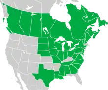 Symphyotrichum puniceum native distribution: Canada — Alberta, British Columbia, Labrador, Manitoba, New Brunswick, Newfoundland, Nova Scotia, Ontario, Prince Edward Island, Québec, and Saskatchewan; US — Alabama, Connecticut, Delaware, Georgia, Illinois, Indiana, Iowa, Louisiana, Maine, Maryland, Michigan, Minnesota, Mississippi, Missouri, Nebraska, New Hampshire, New Jersey, New York, North Carolina, North Dakota, Ohio, Pennsylvania, Rhode Island, South Carolina, South Dakota, Tennessee, Texas, Vermont, Virginia, West Virginia, and Wisconsin.