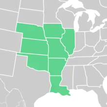 Symphyotrichum turbinellum distribution map: US — Arkansas, Illinois, Iowa, Kansas, Louisiana, Missouri, Nebraska, and Oklahoma.