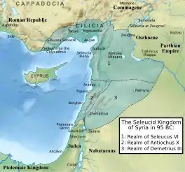 Map depicting the kingdom of Syria in the year 95 BC when it was divided between Seleucus VI in the north with his capital at Antioch; Demetrius III in the south with his capital at Damascus; and Antiochus X in the west with his base at Arwad