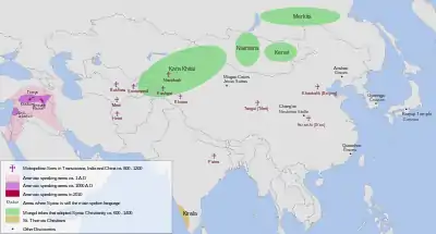 The distribution of the Syriac language in the Middle East and Asia