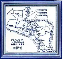 A map depicting routes operated by TACA International Airlines in 1940 in Central America