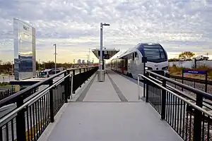 North Side station seen from the north end of the station.  Downtown Fort Worth, Texas, which is south of the station, can be seen from the rail platform level.