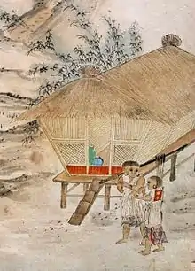 An observational painting of a stilt house of one of the plains indigenous peoples as depicted in Liu Shi Qi’s Taiwan Panorama Prints (六十七兩采風圖合卷).