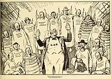 "Tammany!" portrays the Republican party as hypocritical in decrying the Tammany Hall political machine.