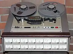 Image 13The TASCAM 85 16B analog tape multitrack recorder can record 16 tracks of audio on 1-inch (2.54cm) magnetic tape. Professional analog units of 24 tracks on 2-inch tape were common, with specialty tape heads providing 16 or even 8 tracks on the same tape width, for greater fidelity. (from Multitrack recording)