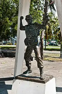 A soldier statue in Tawau Confrontation Memorial marking the victory during the battle in Kalabakan, Tawau, Sabah, Malaysian Borneo.