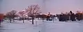 View of the prayer chapel and Zondervan Library from Wengatz during sunrise