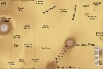 Map of Tharsis quadrangle with major features indicated, Ulysses Tholus is on the bottom-left