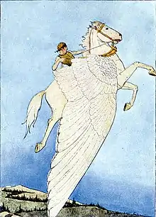 A 1914 illustration depicting Bellerophon riding Pegasus