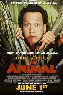 Rob Schneider's head appearing from behind long grass with a leopard-printed shirt also seen behind it. A red feather is sticking out from between his lips.