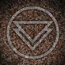 A light logo of two overlapping triangles within a circle, all on top of a darker background. The logo and background are both collages of smaller images of people's bodies tattooed with the same logo.