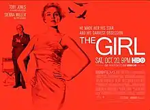 Red poster with write writing. Picture of a woman with man in the background. The title The Girl is seen to the right of the image.