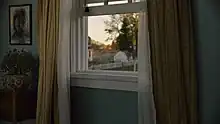 A bedroom window framed by curtains, with a painting and dying plant to the left, in mid-afternoon.