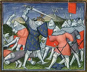 A contemporary depiction of men-at-arms fighting on foot