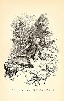 An illustration of a baby being discovered by an adult female in a basket floating upon some open water. An adult male watches the discovery.