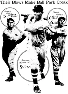 Newspaper illustration of Jimmie Foxx, Johnny Burnett, and Earl Averill