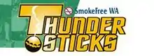 The words "Thunder Sticks" in gold letters, with the T's bottom being replaced by a dot; lightning runs from this dot to the top of the T. In smaller black letters above "Thunder Sticks" is "Smokefree WA", with a "No smoking" symbol to the left of these words.