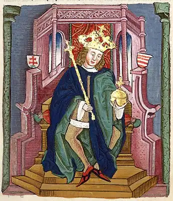 Chronica Hungarorum, Thuróczy chronicle, King Géza I of Hungary, throne, crown, orb, scepter, double cross, Árpád stripes, Hungarian coat of arms, medieval, Hungarian chronicle, book, illustration, history