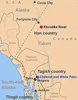 Map of people and places at the time of discovery of gold in the Yukon.