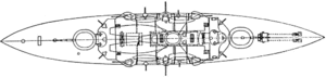 Note heavy guns in turrets fore and aft, and secondary armament in central battery.