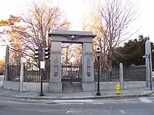 Touro Cemetery showing Isaiah Rogers' Egyptian Revival gate, in the colonial historic district of Newport in Newport County