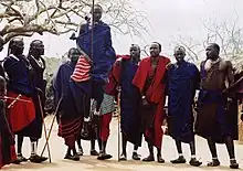 Image 14Maasai wearing traditional clothes named Matavuvale while performing Adumu, a traditional dance (from Culture of Africa)