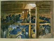  This image is from a sketchbook of watercolours depicting places visited by Francis Meynell while on a Royal Navy anti-slavery patrol off the west coast of Africa and includes several ship portraits. This is one of two watercolours, the other being MEY/2.1, which show slaves above and below deck. They were painted on board the ‘Albanoz’, a captured Spanish slave ship in 1846, so the people shown had in fact been liberated though not yet landed and released. They nevertheless provide a rare eyewitness view of conditions in the hold of a slave ship. Those shown are not chained - and there are no signs of chains- but rather imprisoned in a confined space. During the Middle Passage, the enslaved were usually not kept constantly below deck, unless the weather was particularly bad or there was a serious threat of revolt on board. In order that as many Africans should reach the Americas with some of their health intact, they were allowed out of the fetid holds and to exercise on deck.