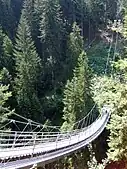 A light-colored pedestrian suspension bridge located in mountainous area with many trees; one person is almost finished crossing the bridge