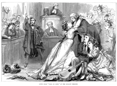 Drawing of the characters in a courtroom