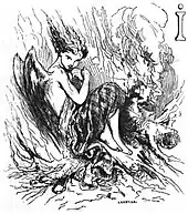 Engraving of a winged fairy wearing a tartan sitting on a fire