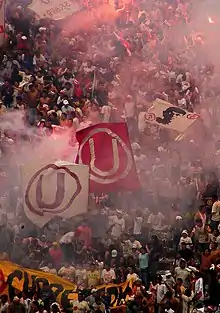 Photograph of a crowd waving banners and lighting pyrotechnics