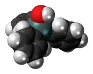 Space-filling model of the triphenyltin hydroxide molecule