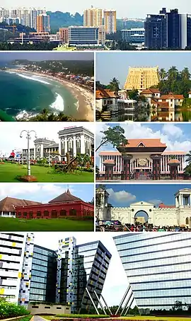 Clockwise, from top: Trivandrum City Skyline, Kovalam Beach,  Padmanabhaswamy Temple, Thiruvananthapuram Central railway station, Niyamasabha Mandiram, Kanakakkunnu Palace, East Fort, Technopark