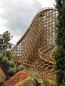 First drop of wooden roller coaster Troy.